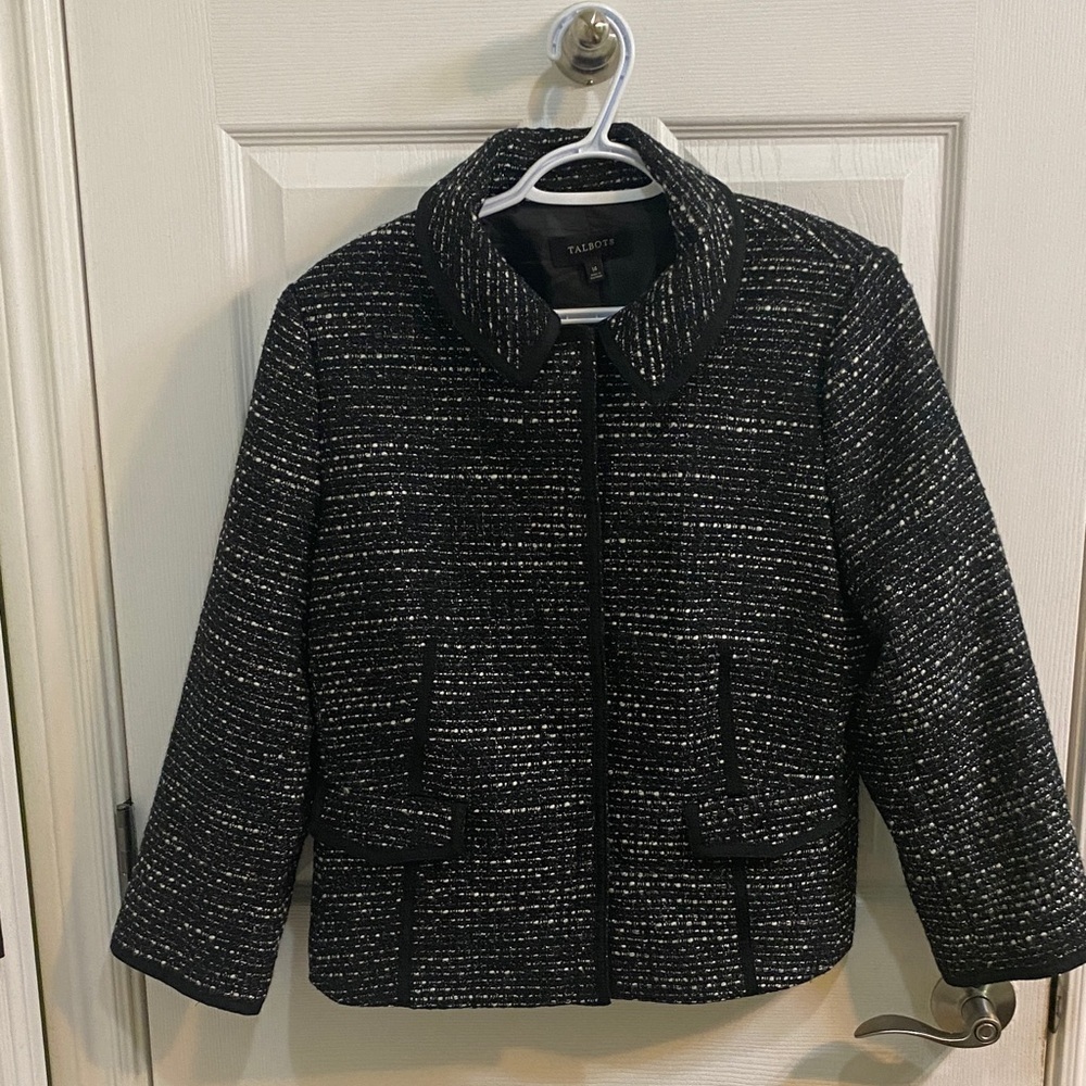 Talbots tweed sparkly metallic black cropped jacket blazer women’s size 14 Party